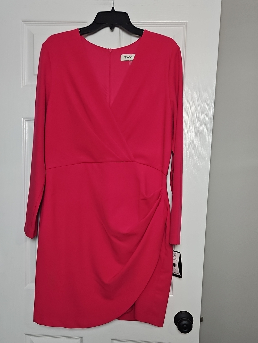 Taylor Long Sleeve Faux Wrap V-neck Sheath Dress: Color- Rasp. Sorbet: Size- 12